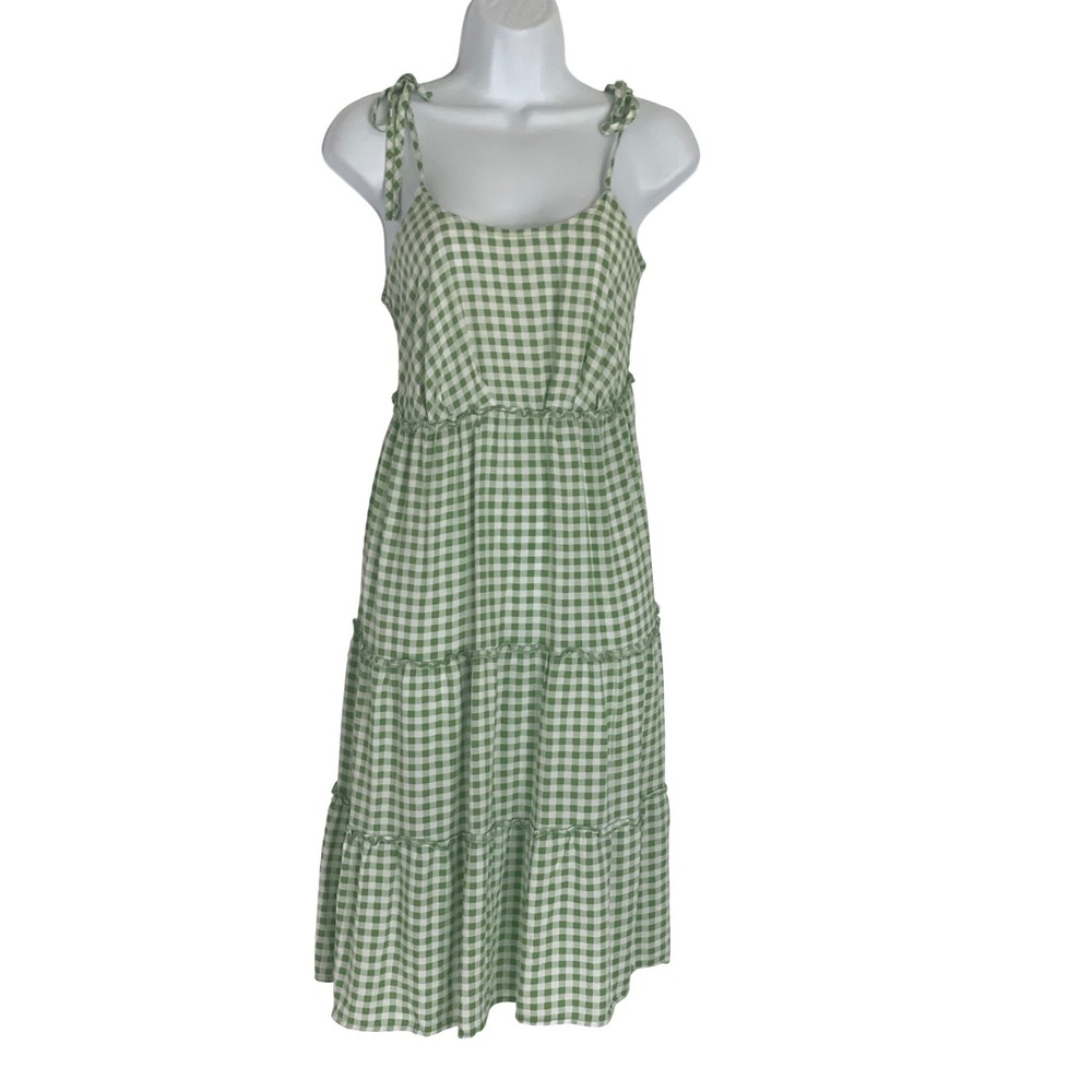 As U Wish Womens Midi Gingham Tiered Smocked Dress M‎ Green Cottagecore Picnic